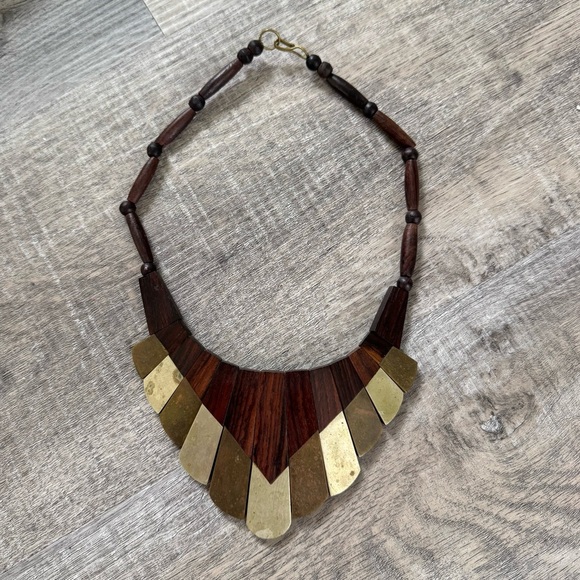 Vintage Wood & Brass Boho Beaded Necklace - Picture 1 of 6